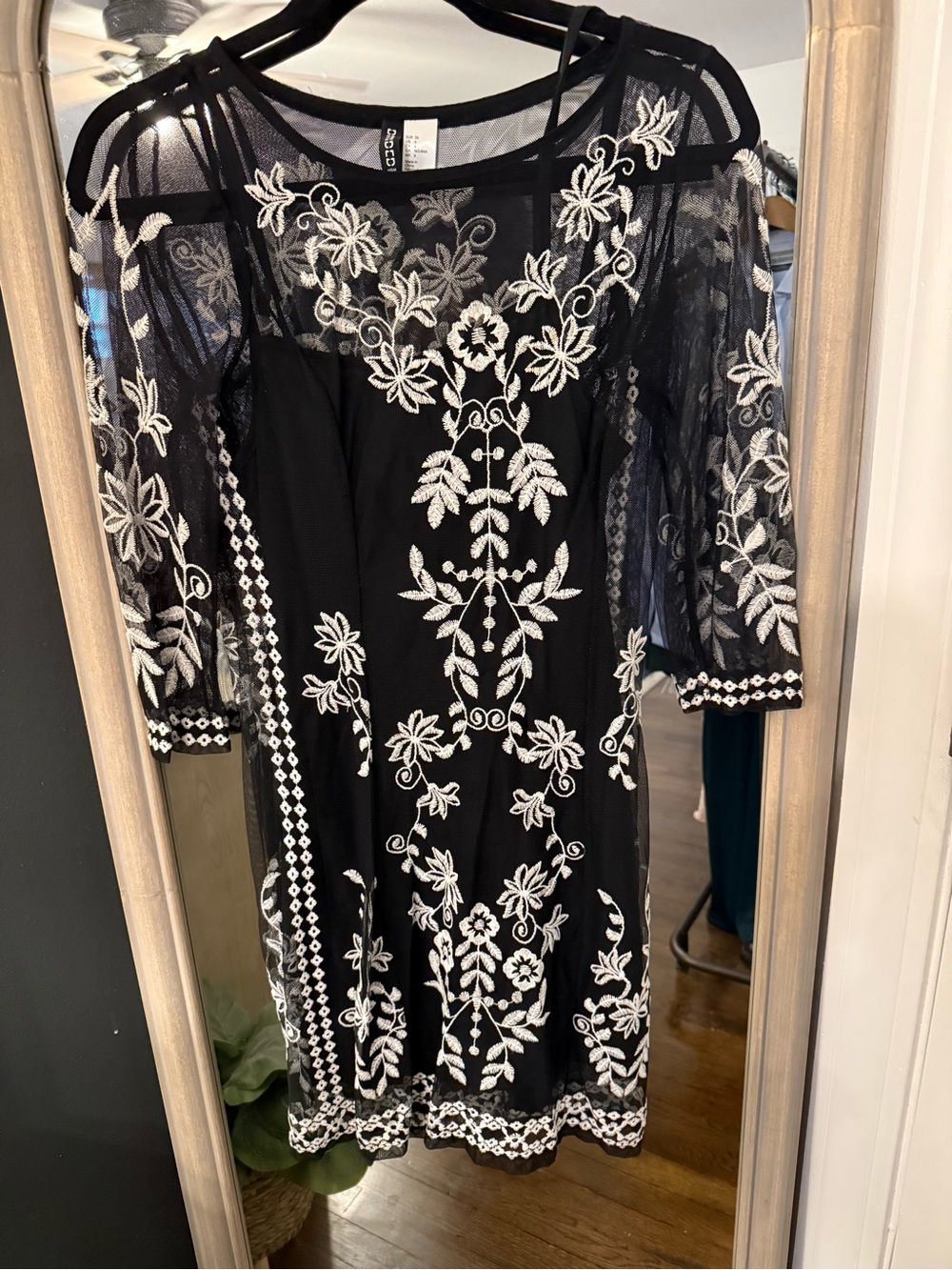 H&M Black Midi Dress with White Floral Embroidery